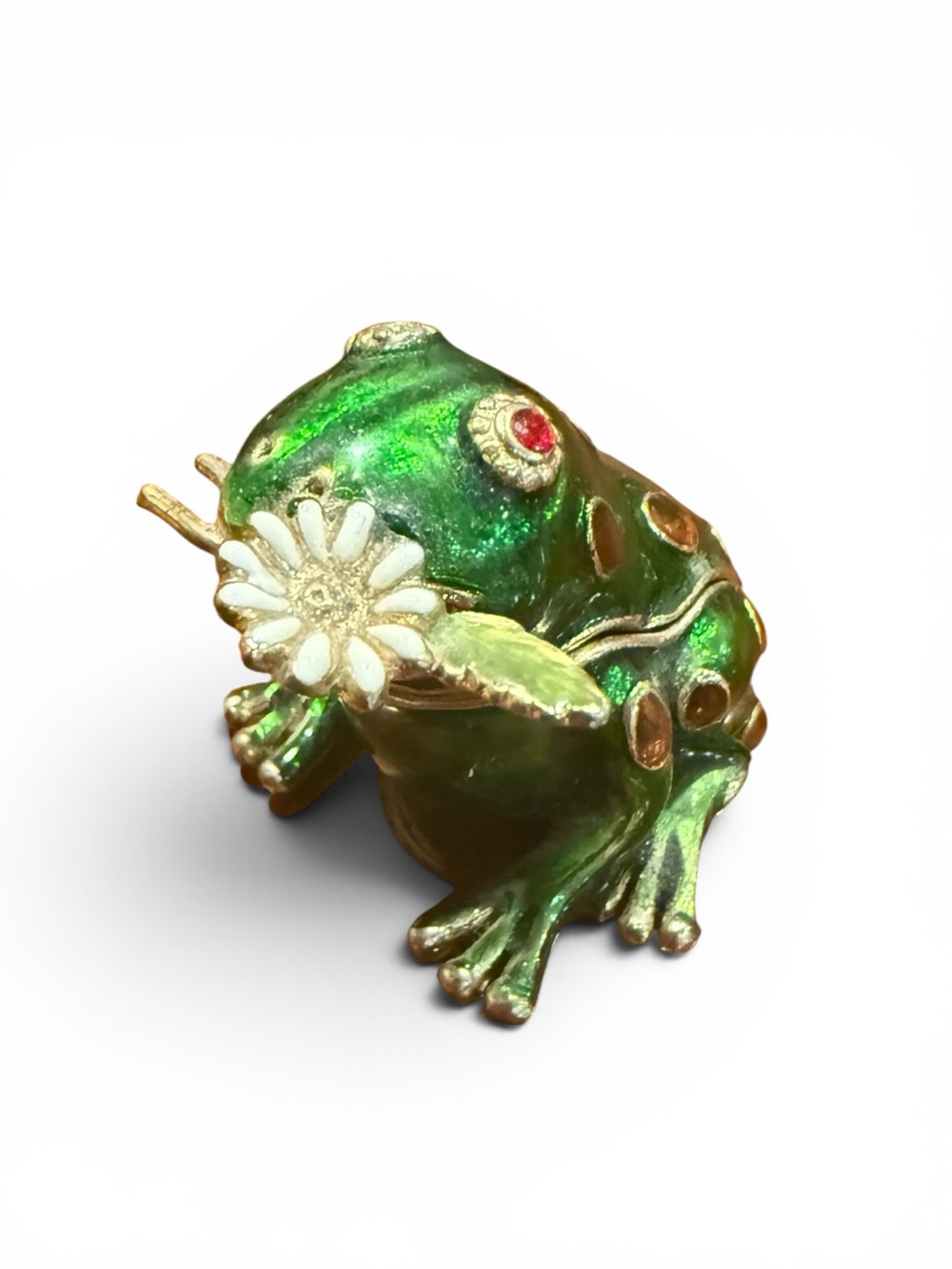 Vintage Frog Trinket Box Green Enamel  Frog Figurine